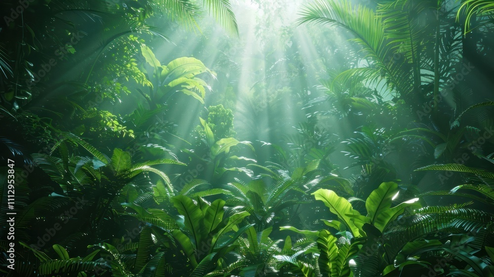 Lush dense tropical jungle filled with vibrant green foliage and leaves Warm sunbeams shining through the dense canopy creating a serene and peaceful natural paradise Lush dense tropical jungle filled with vibrant green foliage and leaves Warm sunbeams shining through the dense canopy creating a serene and peaceful natural paradise