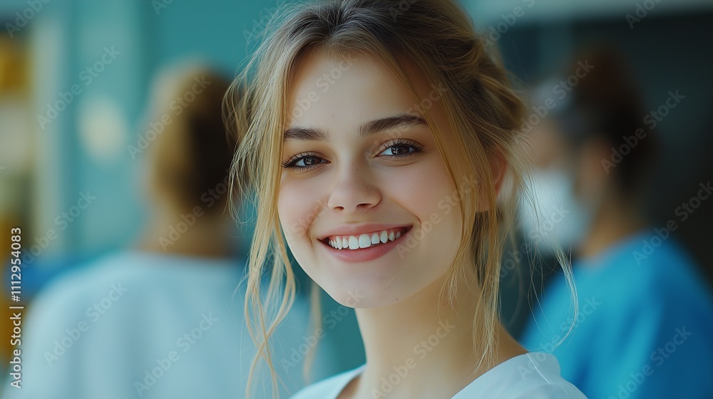 Fototapeta premium Portrait beautiful young caucasian donor smiling as a healthcare worker efficiently manages the process in a sterile environment
