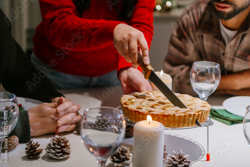 Closeup of apple pie being cut photo