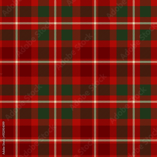 Classic red and green tartan plaid pattern with white accents. Ideal for Christmas textiles. Buffalo backgrounds. Seasonal gift wrap, festive home decor, and apparel. Checkered Scottish textile.