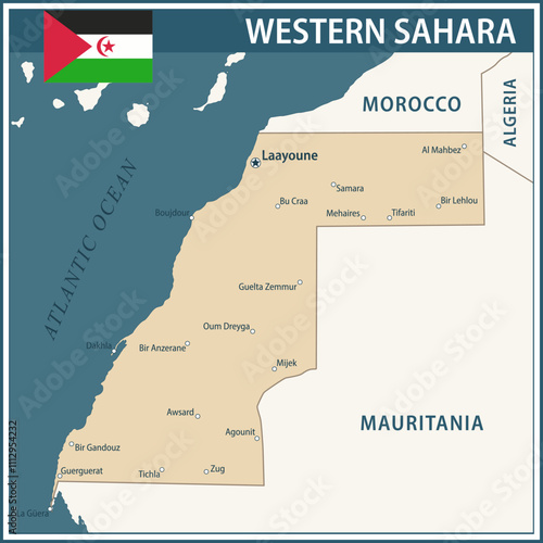 Western Sahara Map Vector Vintage Dark Blue Beige - Customizable layered political map of Western Sahara with administrative divisions for website, education, reports, news, politics, print, poster
