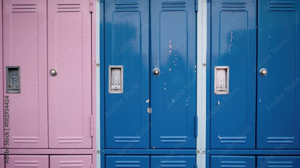 Row of lockers with blue and pink colors, often used in educational settings Row of lockers with blue and pink colors, often used in educational settings