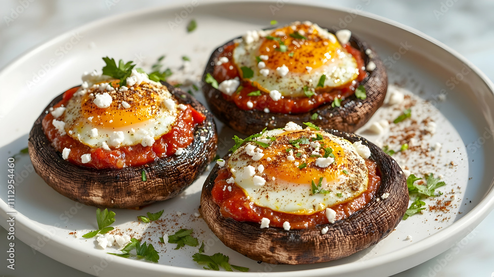 Shakshuka Style Stuffed Portobello with Feta and Za'atar, Vegetarian Main Course Photography Shakshuka Style Stuffed Portobello with Feta and Za'atar, Vegetarian Main Course Photography