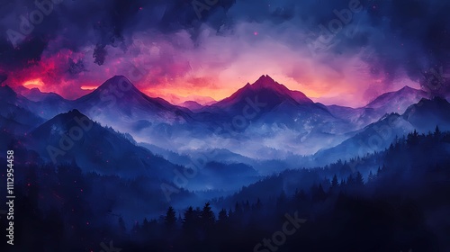 Mystical mountain illustration blending pyrography textures and digital art techniques, creating a serene and atmospheric landscape with artistic depth.