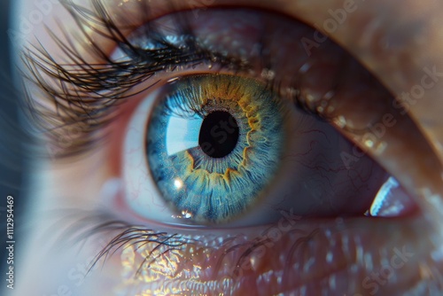 A close-up shot of a person's blue eye with detailed features photo