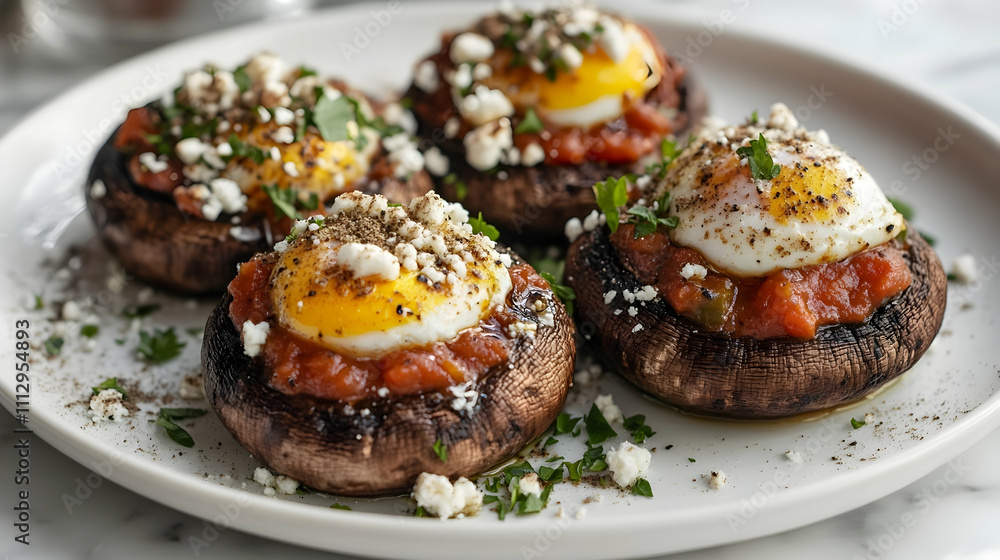 Shakshuka Style Stuffed Portobello with Feta and Za'atar, Vegetarian Main Course Photography Shakshuka Style Stuffed Portobello with Feta and Za'atar, Vegetarian Main Course Photography