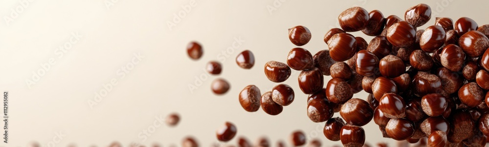 Many nuts falling from a tree on a table, space for text Many nuts falling from a tree on a table, space for text