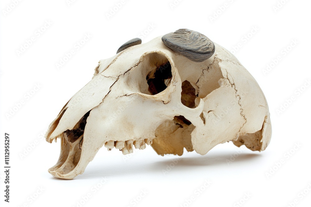A close-up shot of a human skull on a white surface, perfect for use in designs and illustrations related to death, mortality, or Halloween themes A close-up shot of a human skull on a white surface, perfect for use in designs and illustrations related to death, mortality, or Halloween themes