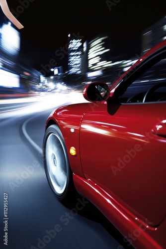 Red sports car driving in festive city with Christmas lights