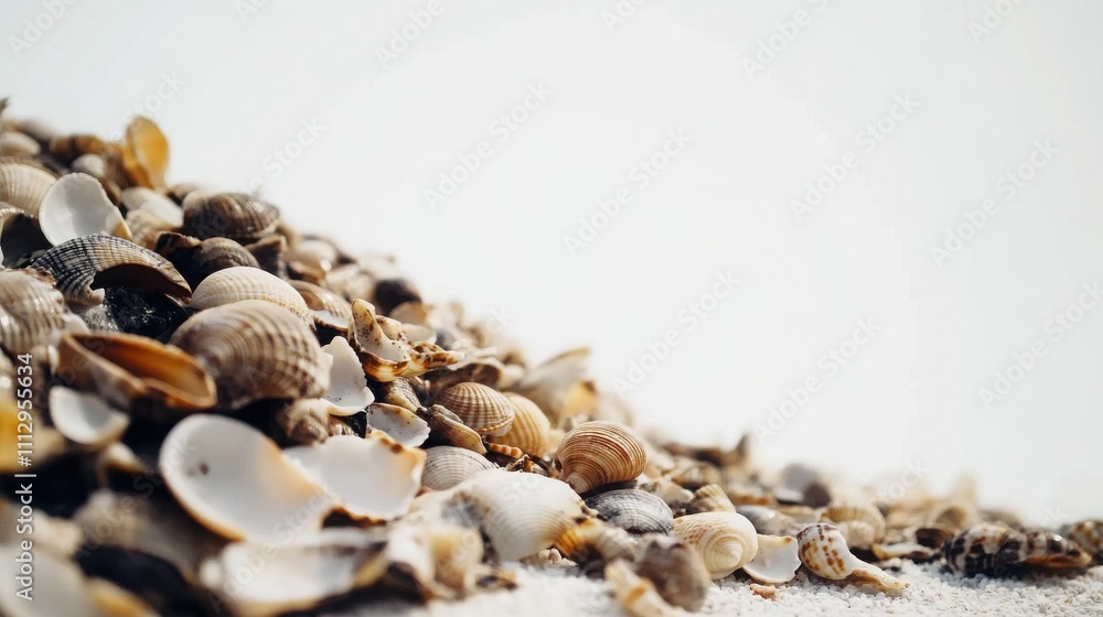 Obraz premium A pile of seashells on a sandy beach, bathed in soft sunlight. The shells are a mix of beige, brown, and white, creating a calming and natural scene.