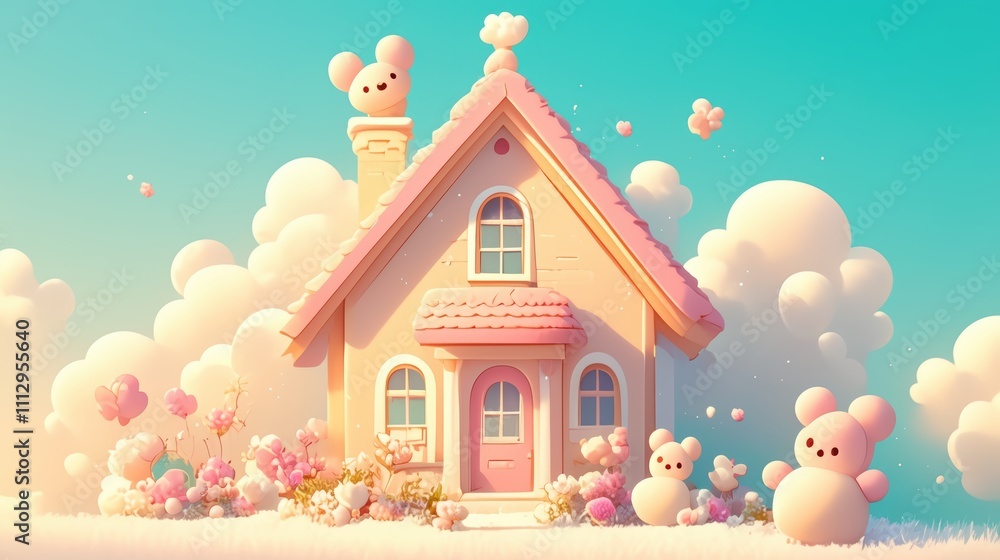 A whimsical pastel house surrounded by fluffy clouds and cute bear-like figures. A whimsical pastel house surrounded by fluffy clouds and cute bear-like figures.