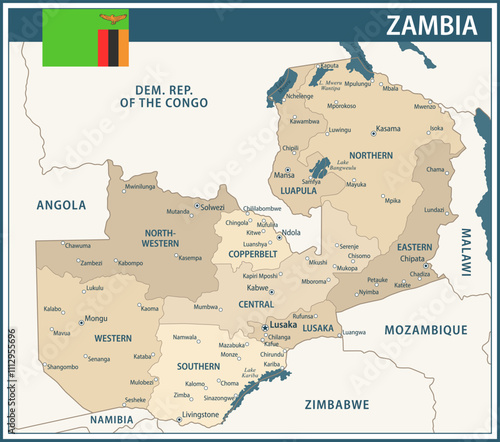 Zambia Map Vector Vintage Dark Blue Beige - Customizable layered political map of Zambia with administrative divisions for website, education, reports, news, politics, print, poster and wallpaper