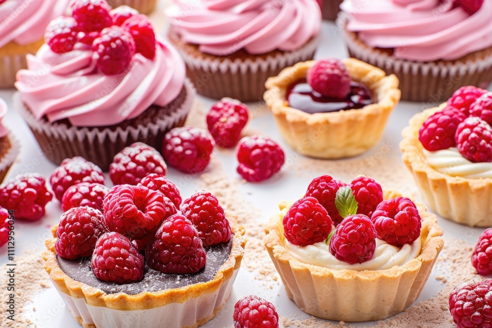 A table filled with colorful cupcakes topped with creamy raspberry frosting, perfect for parties or special occasions A table filled with colorful cupcakes topped with creamy raspberry frosting, perfect for parties or special occasions