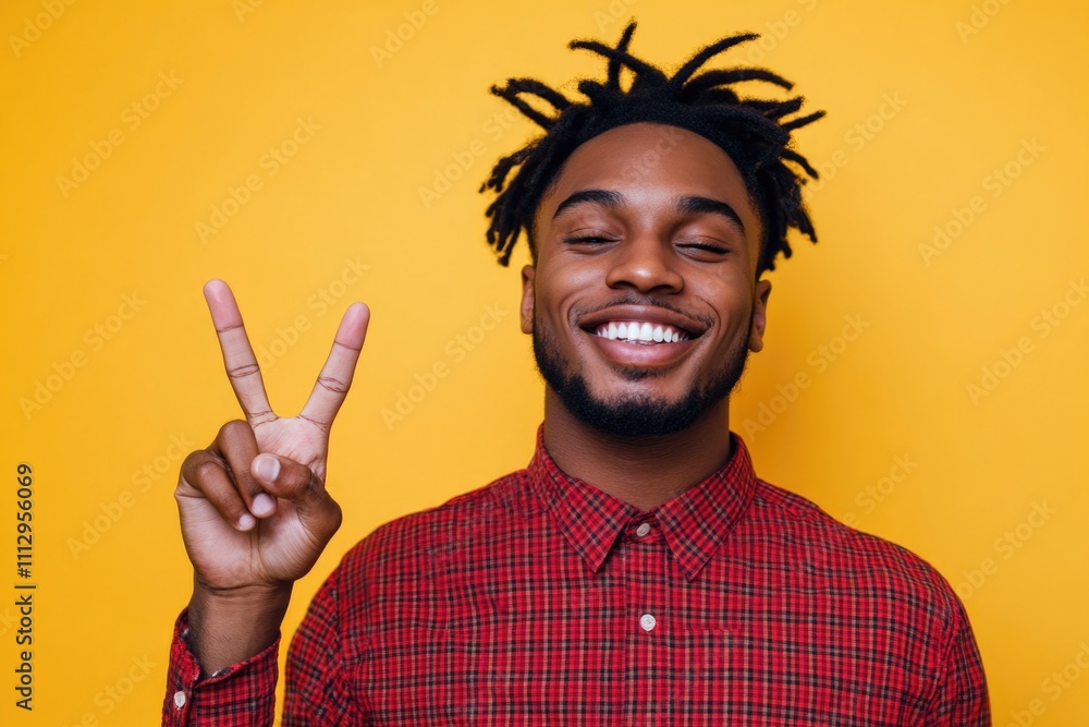 A person with dreadlocks and a calm expression makes a peace sign, suitable for use in images about unity, harmony, or spirituality A person with dreadlocks and a calm expression makes a peace sign, suitable for use in images about unity, harmony, or spirituality
