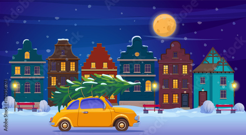 Winter city street with old houses and a car with a Christmas tree on roof. Vector  illustration.