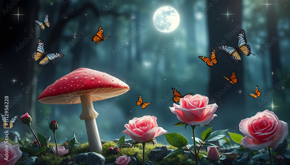 Obraz premium Fantasy Mushroom And Butterflies In Magical Enchanted Fairy Tale Dreamy Elf Forest With Fabulous Fairytale Blooming Pink Rose Flower On Mysterious Background, Shiny Glowing Stars, Moon Rays In Night