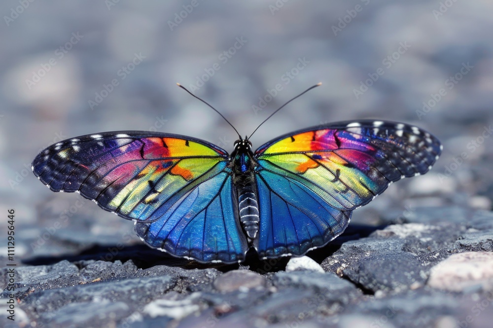 Obraz premium A colorful butterfly sits on top of a rocky ground, surrounded by natural beauty