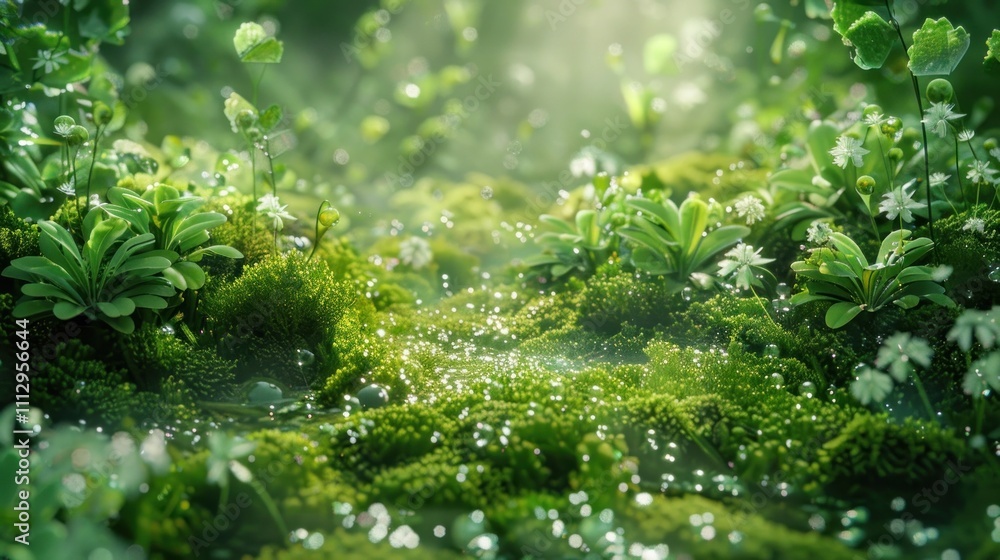 Stunning close up view of lush verdant foliage and moss covered ground with glistening dew droplets in a peaceful enchanting forest landscape Stunning close up view of lush verdant foliage and moss covered ground with glistening dew droplets in a peaceful enchanting forest landscape