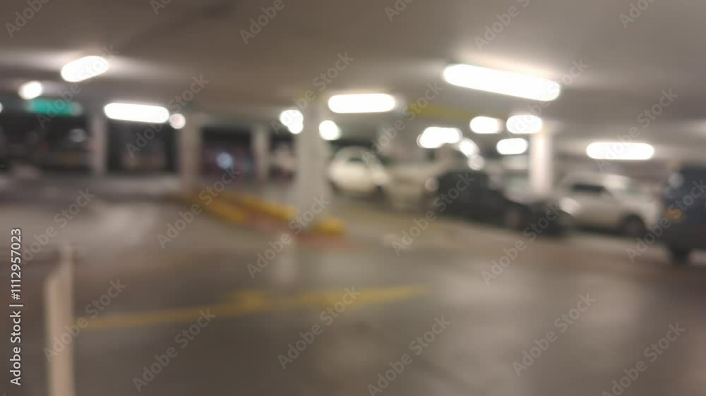 Blurred car parking lot background with parked vehicles under warm lights. Blurred car parking lot background with parked vehicles under warm lights.