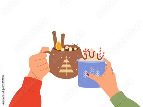 Girl hands holding cups of hot beverages with copy space for text. Vector illustration for Christmas market promotions, festive ads and holiday themed designs