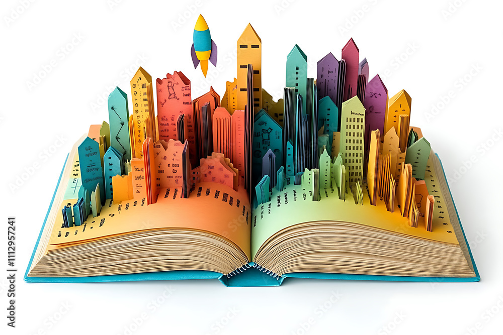 Magazine cover with an open book and vibrant paper cutouts of charts, graphs, and a rocket, symbolizing innovation and growth. Clean white background, modern design Magazine cover with an open book and vibrant paper cutouts of charts, graphs, and a rocket, symbolizing innovation and growth. Clean white background, modern design