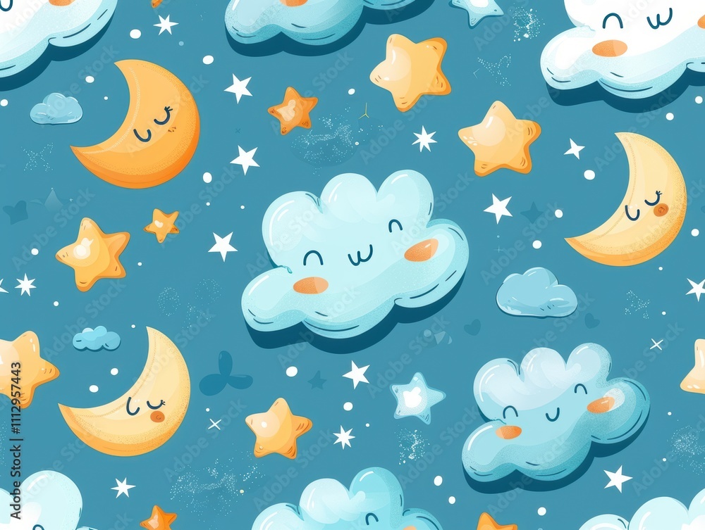 A whimsical pattern featuring smiling clouds, stars, and moons on a blue background.