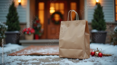 Paper bag with food delivery in front of house entrance at winter. Grocery order delivered contact free. Takeout food left at door mat. Celebrating Christmas. photo