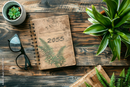 New Year 2055 Notebook With Fern Design on Rustic Wooden Table