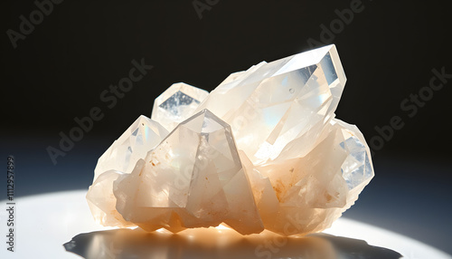 Iridescent natural transparent glossy and magic geometric Quartz crystal stucture through sun light isolated with white highlights, png photo