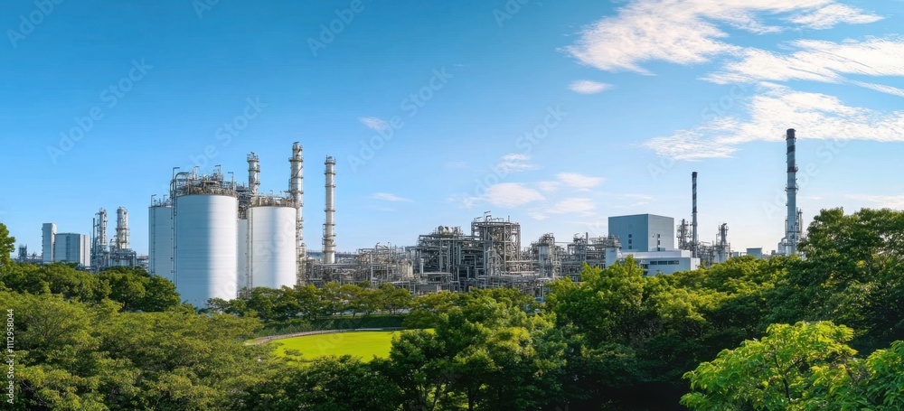 Oil refinery plant from industry zone with lush green trees and blue sky, large Oil and gas petrochemical industrial, Refinery factory oil storage tank and pipeline, Ecosystem and good environment. Oil refinery plant from industry zone with lush green trees and blue sky, large Oil and gas petrochemical industrial, Refinery factory oil storage tank and pipeline, Ecosystem and good environment.