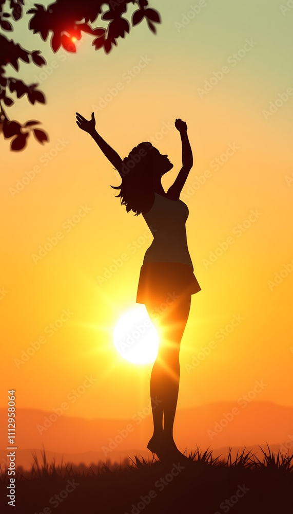 Silhouette of a female in the sunset lifting her arms up to the morning sun light with feelings of peace, and hope isolated with white highlights, png Silhouette of a female in the sunset lifting her arms up to the morning sun light with feelings of peace, and hope isolated with white highlights, png