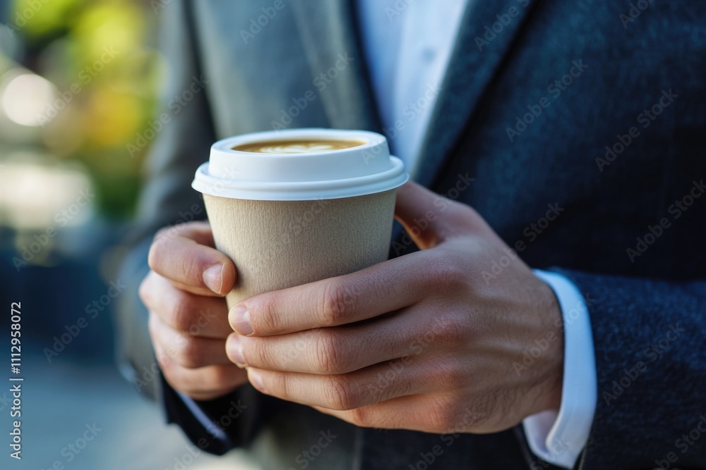 Man in suit holds cup of coffee, great for office or work scenes Man in suit holds cup of coffee, great for office or work scenes