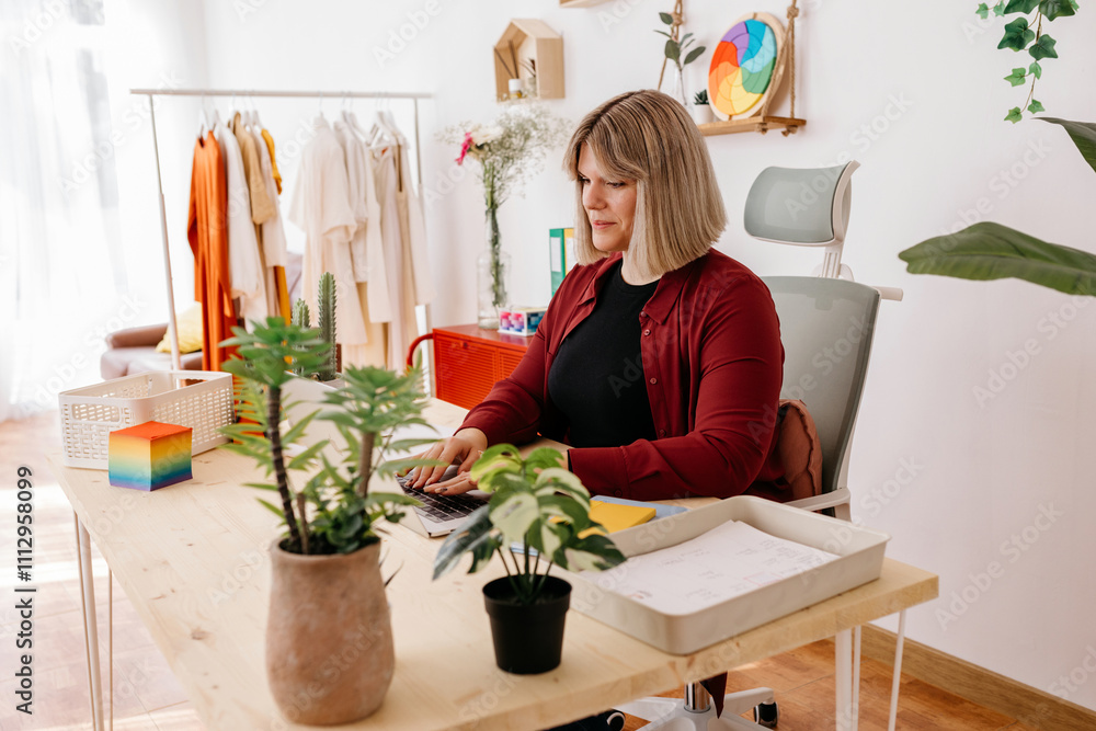 Charming curvy designer working on laptop Charming curvy designer working on laptop