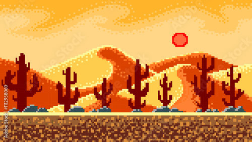 Cacti and mountains in the desert. Pixel art 8 bit objects. landscape background for the application or a website. Retro game assets. Vintage computer video arcades. Vector illustration.