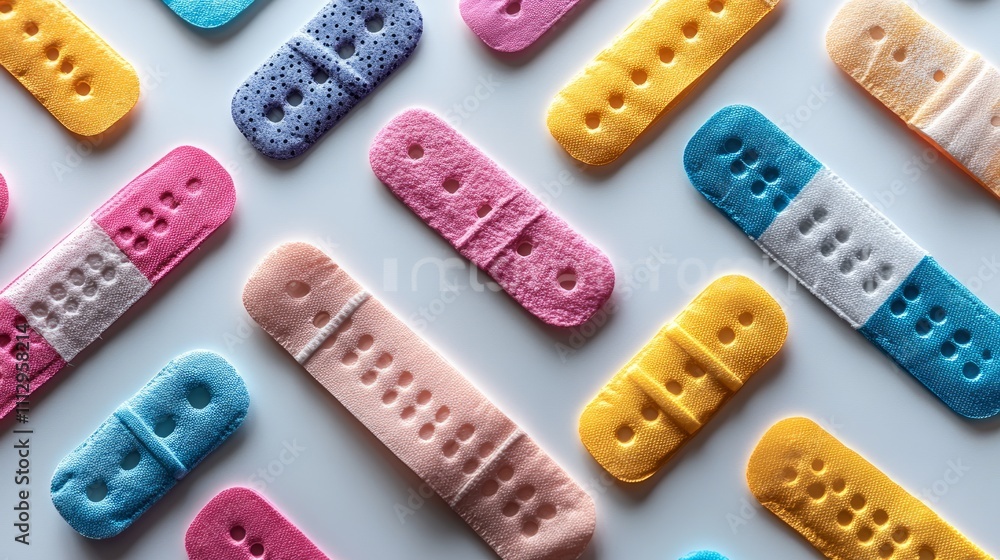 Colorful adhesive bandages arranged in a diagonal pattern on a white background.