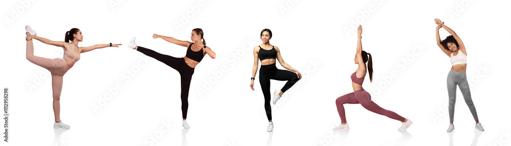 Five individuals demonstrate various fitness poses highlighting their flexibility and strength. The bright studio setting enhances the energetic atmosphere of the workout session. Five individuals demonstrate various fitness poses highlighting their flexibility and strength. The bright studio setting enhances the energetic atmosphere of the workout session.
