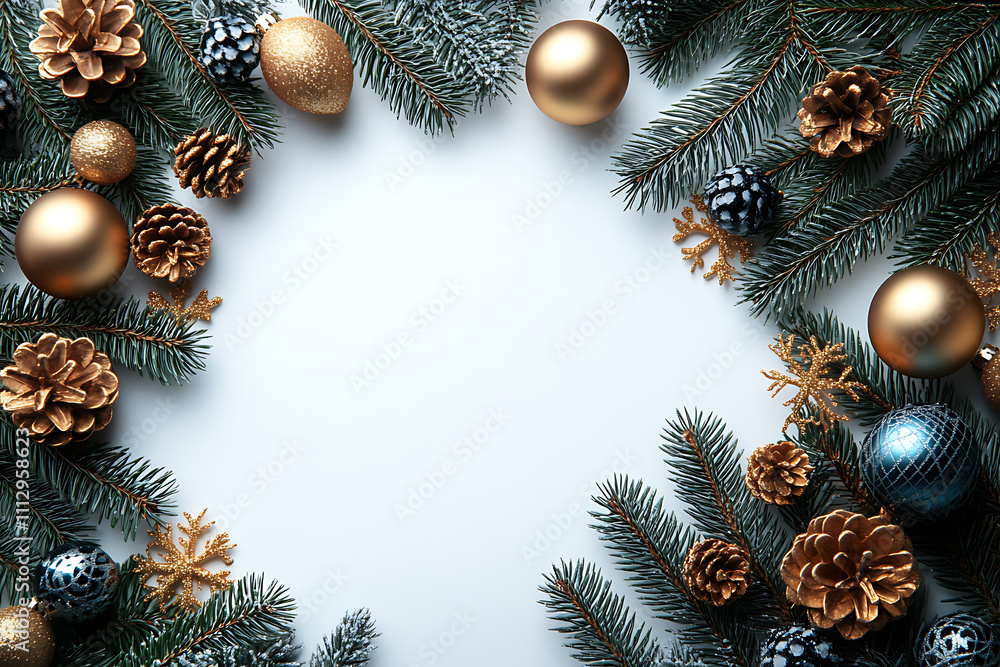 Christmas-themed flat lay with pine branches, golden ornaments, and snowflakes on a white background. Clean layout with space for text, perfect for holiday greetings Christmas-themed flat lay with pine branches, golden ornaments, and snowflakes on a white background. Clean layout with space for text, perfect for holiday greetings