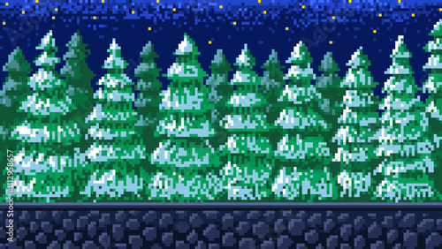 Christmas trees, snowy forest. Pixel art 8 bit objects. landscape background for the application or a website. Retro game assets. Vintage computer video arcades. Vector illustration.
