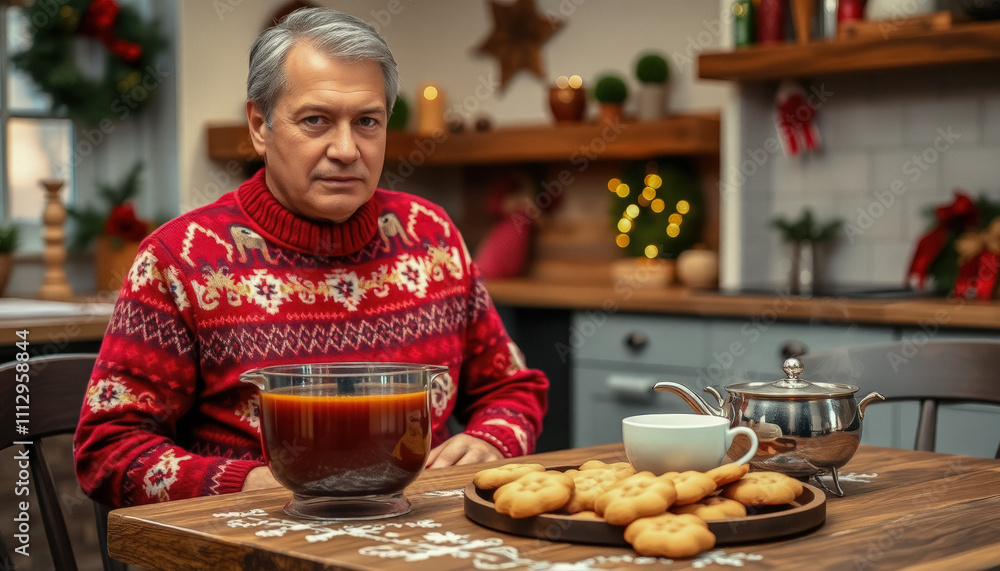 An elderly man with gray hair sits in his kitchen in front of a large pot where he has been brewing mulled wine, a traditional Christmas drink. An elderly man with gray hair sits in his kitchen in front of a large pot where he has been brewing mulled wine, a traditional Christmas drink.