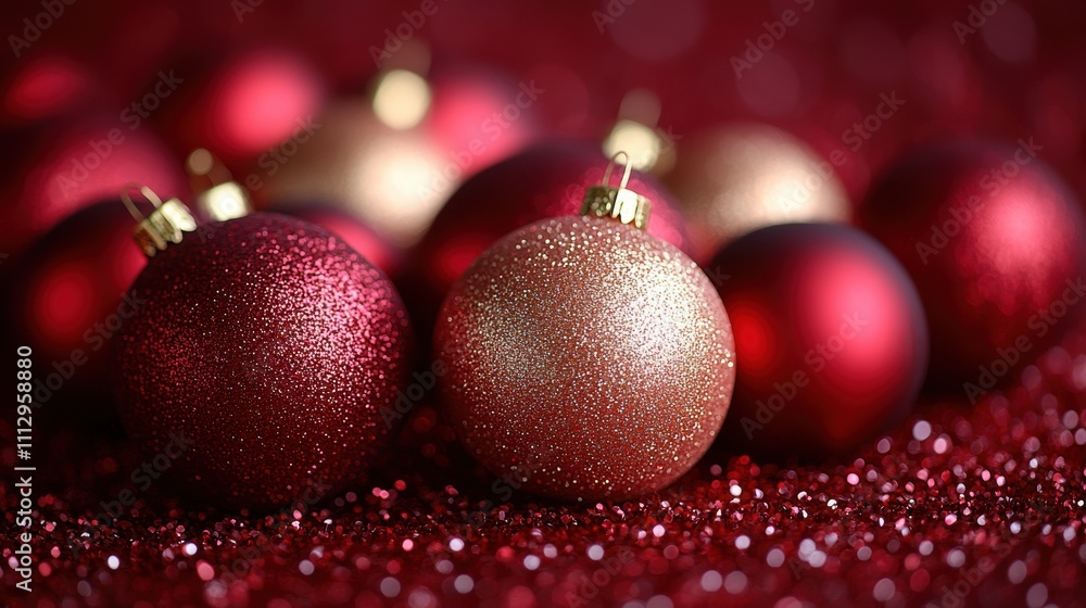 Fototapeta premium A beautifully composed image showcasing a close-up view of red and gold Christmas ornaments, artfully arranged against a sparkling, festive glitter backdrop.