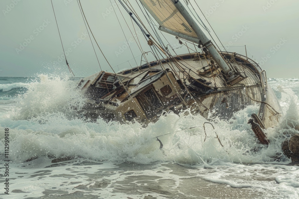 Obraz premium A boat sinking in the water, with calm waves surrounding it