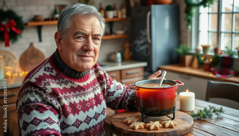 An elderly man with gray hair sits in his kitchen in front of a large pot where he has been brewing mulled wine, a traditional Christmas drink. An elderly man with gray hair sits in his kitchen in front of a large pot where he has been brewing mulled wine, a traditional Christmas drink.