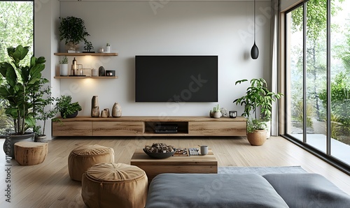 Fototapeta Naklejka Na Ścianę i Meble -  A modern Scandinavian living room with a wood shelf featuring carefully curated accessories