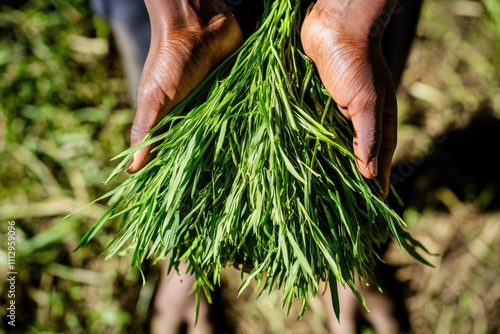 A person is holding a bunch of fresh green grass in their hands, possibly for gardening or decoration