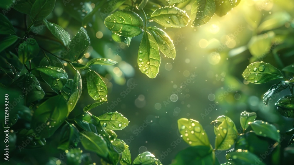 Vibrant green foliage with dew droplets in a lush natural landscape Close up of fresh lush leaves with water droplets glistening in the soft diffused light Concept of spring summer growth Vibrant green foliage with dew droplets in a lush natural landscape Close up of fresh lush leaves with water droplets glistening in the soft diffused light Concept of spring summer growth