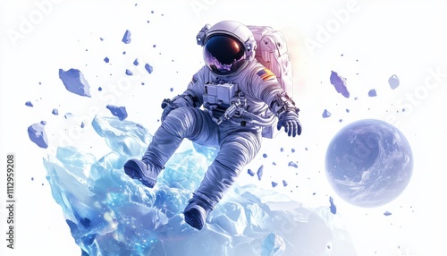 Wallpaper Mural Astronaut in white space suit on icy lunar surface, exploration mission, futuristic design, cosmic adventure, high-tech suit, space travel, science fiction, minimalist background, galactic journey Torontodigital.ca