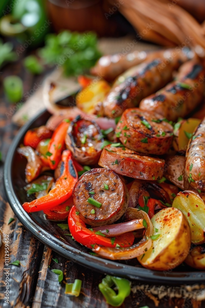 A plate topped with sausage and mixed vegetables, suitable for use in food blog posts or social media A plate topped with sausage and mixed vegetables, suitable for use in food blog posts or social media