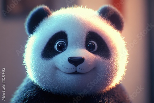 A cute and cuddly stuffed panda bear up close, great for use in children's products or as a fun addition to any room