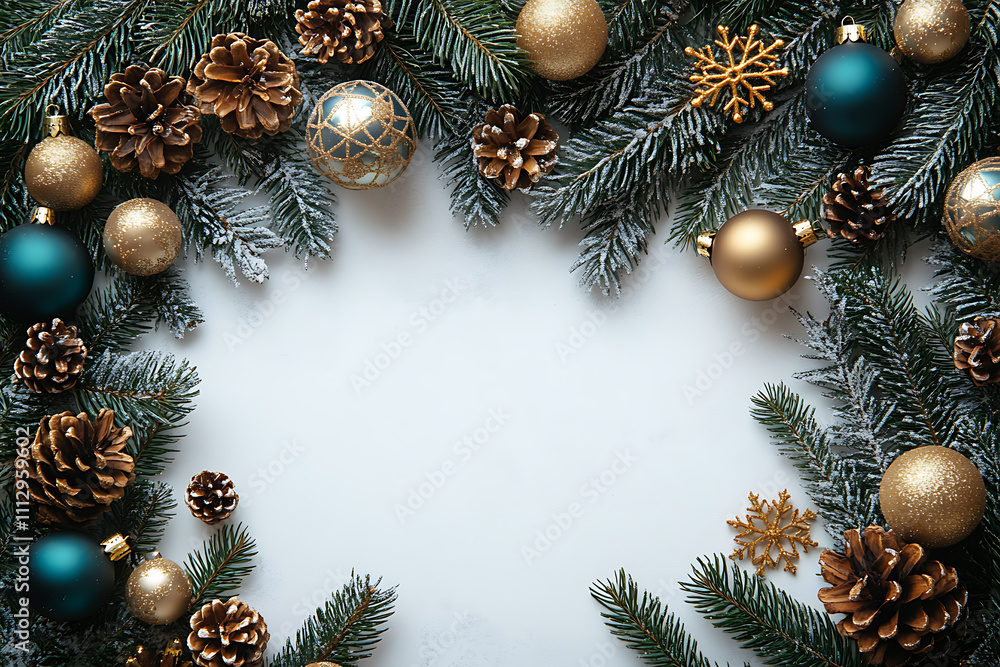 Christmas-themed flat lay with pine branches, golden ornaments, and snowflakes on a white background. Clean layout with space for text, perfect for holiday greetings Christmas-themed flat lay with pine branches, golden ornaments, and snowflakes on a white background. Clean layout with space for text, perfect for holiday greetings