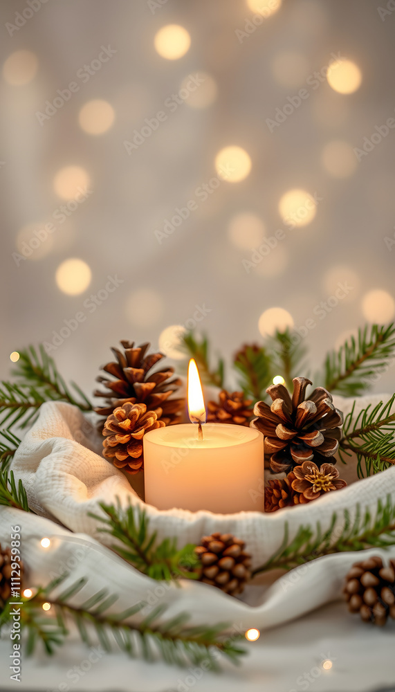 Natural Christmas decoration with burning candle on white linen and pine cones - magic lights in background isolated with white highlights, png Natural Christmas decoration with burning candle on white linen and pine cones - magic lights in background isolated with white highlights, png